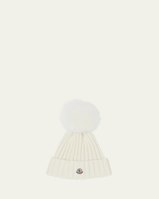 Ribbed Logo Beanie with Faux Fur Pom